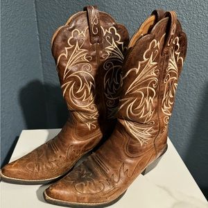Ariat Cowgirl Boots with a very light pink embroidered design.